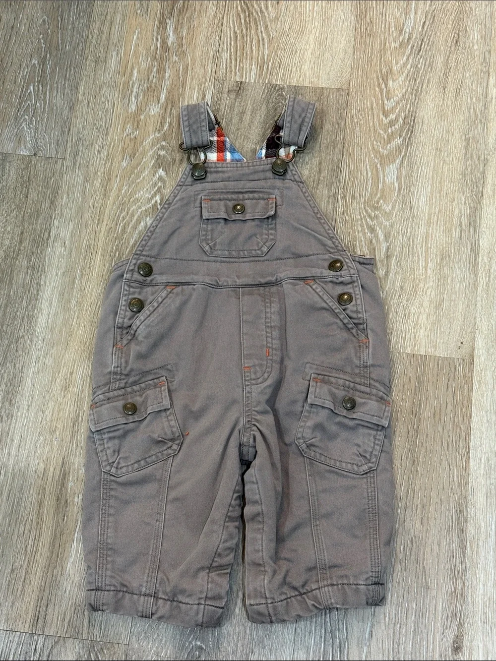 Vintage babyGap Baby Boy Fully Lined Plaid Overalls Beige Brown 6-12 Months
